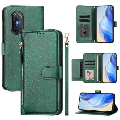 Funda de Cuero con Cremallera y Ranuras para MĂșltiples Tarjetas para Honor 50 Se (Verde)