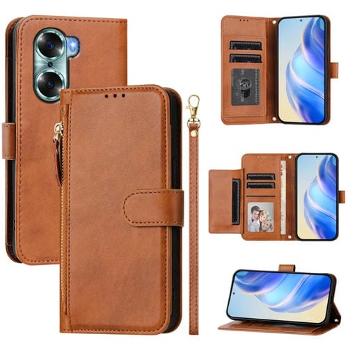 Funda de Cuero con Cremallera y Ranuras para MĂșltiples Tarjetas para Honor 60 (MarrĂłn)