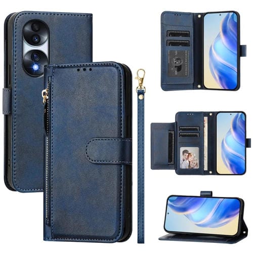Funda de Cuero con Cremallera y Ranuras para MĂșltiples Tarjetas para Honor 70 Pro (Azul)