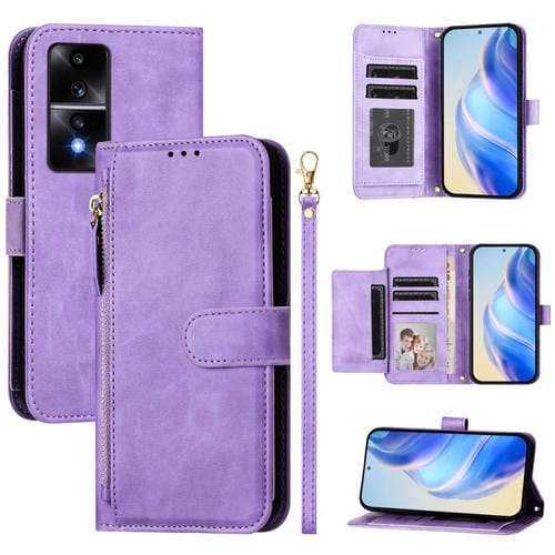 Funda de Cuero con Cremallera y Ranuras para MĂșltiples Tarjetas para Honor 80 GT (Morado)