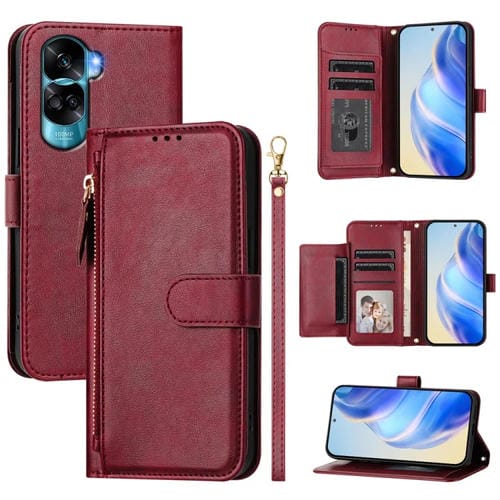 Funda de Cuero con Cremallera y Ranuras para MĂșltiples Tarjetas para Honor 90 Lite/X50I (Rojo Oscuro)