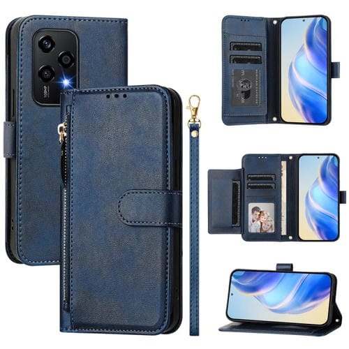 Funda de Cuero con Cremallera y Ranuras para MĂșltiples Tarjetas para Honor 200 Lite (Azul)