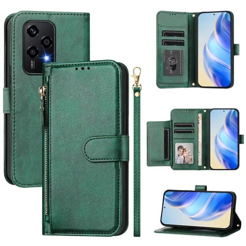 Funda de Cuero con Cremallera y Ranuras para MĂșltiples Tarjetas para Honor 200 Lite (Verde)