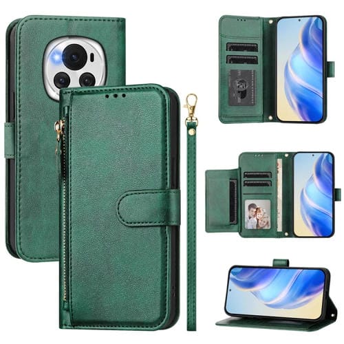 Funda de Cuero con Cremallera y Ranuras para Tarjetas para Honor Magic6 5G (Verde)