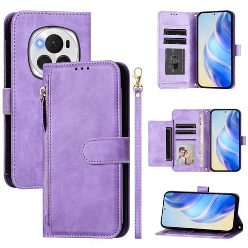 Funda de Cuero con Cremallera y Ranuras para MĂșltiples Tarjetas para Honor Magic6 Pro 5G (Morado)