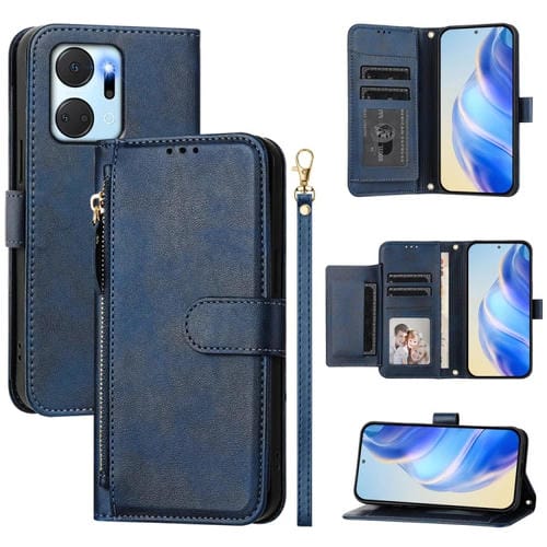 Funda de Cuero con Cremallera y Ranuras para MĂșltiples Tarjetas para Honor X7A 4G y Play7T 5G (Azul)