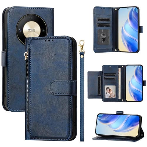 Funda de Cuero con Cremallera y Ranuras para MĂșltiples Tarjetas para Honor X9B / Magic6 Lite 5G (Azul)