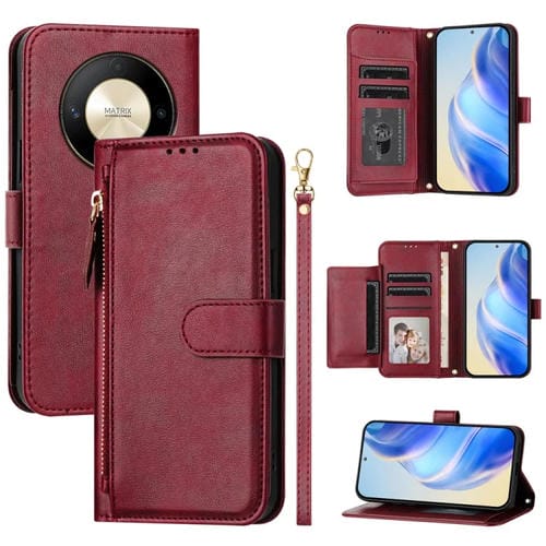 Funda de Cuero con Cremallera y Ranuras para MĂșltiples Tarjetas para Honor X9B y Magic6 Lite 5G (Rojo Oscuro)