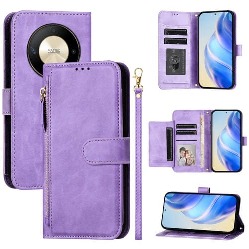 Funda de Cuero con Cremallera y Ranuras para MĂșltiples Tarjetas para Honor X9B y Magic6 Lite 5G (Morado)