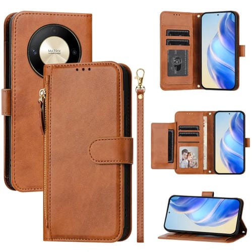 Funda de Cuero con Cremallera y Ranuras para Tarjetas para Honor X9B / Magic6 Lite 5G (MarrĂłn)