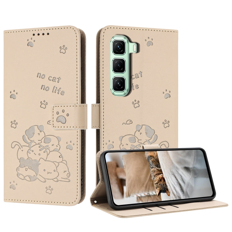 Funda de Cuero Infinix Hot 50 Pro+ 4G con Diseño de Gatito en Relieve y Cordón (Beige)