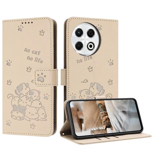 Funda de Cuero para Tecno Spark 30 Pro con Diseño de Gatito En Relieve y Cordón (Beige)