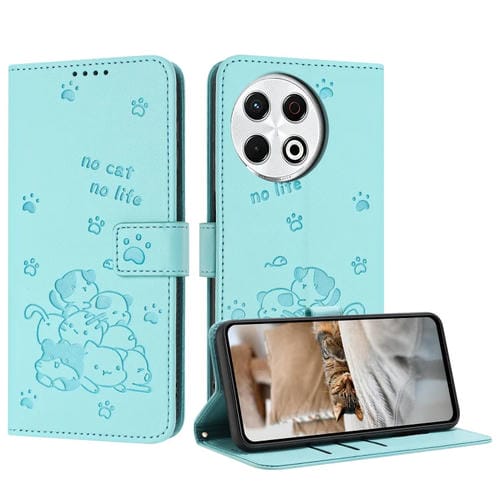 Funda de Cuero para Tecno Spark 30 Pro con Diseño de Gatito en Relieve y Cordón (Verde Menta)