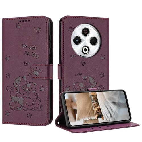 Funda de Cuero para Tecno Spark 30 4G con Diseño de Gatito En Relieve y Cordón (Rojo Vino)