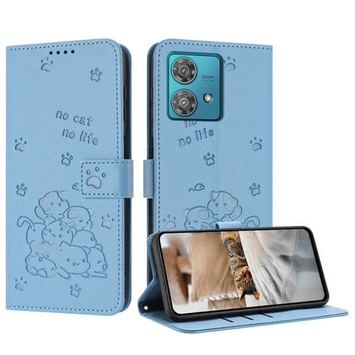 Funda de Cuero para Motorola Edge 40 Neo con Diseño de Gatito en Relieve y Cordón (Azul)