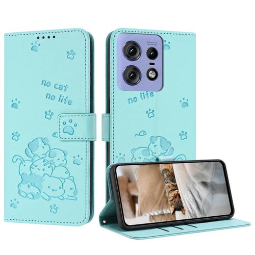Funda de Cuero Motorola Edge 50 Pro con Diseño de Gatito en Relieve y Cordón (Verde Menta)