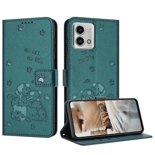 Funda de Cuero Motorola Moto G Stylus 2023 4G con Diseño de Gatito y Cordón (Verde Oscuro)