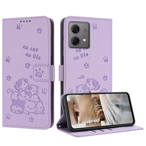 Funda de Cuero para Motorola Moto G84 con Diseño de Gatito en Relieve y Cordón (Morado)