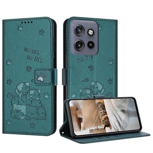 Funda de Cuero Motorola Moto G15 con Diseño de Gatito en Relieve y Cordón (Verde Oscuro)
