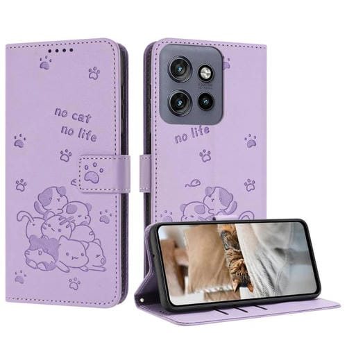 Funda de Cuero Motorola Moto G 5G 2025 con Diseño de Gatito en Relieve y Cordón (Morado)