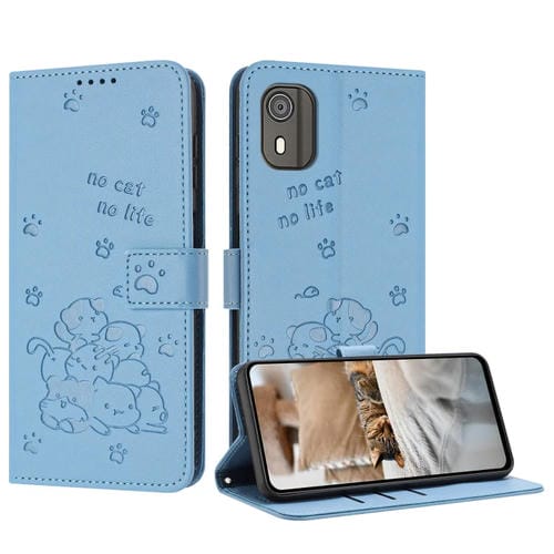 Funda de Cuero con Cordón para Nokia C02 con Gatito en Relieve (Azul)