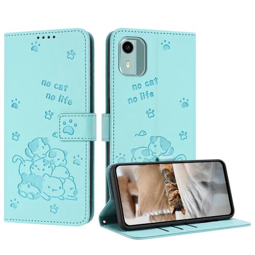 Funda de Cuero para Nokia C12 con Diseño de Gatito en Relieve y Cordón (Verde Menta)