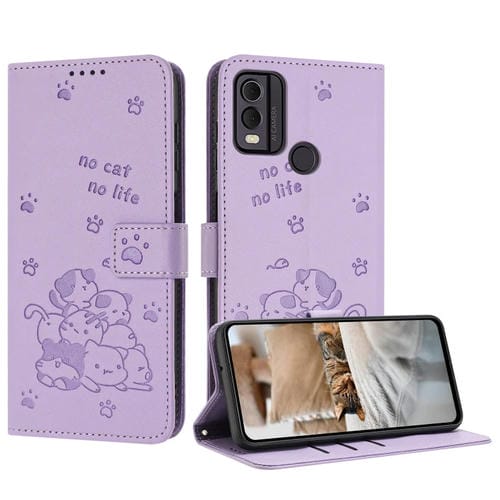 Funda de Cuero para Nokia C22 con Diseño de Gatito en Relieve y Cordón (Morado)