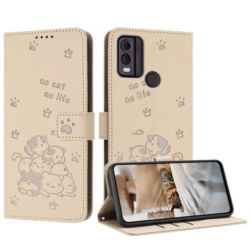 Funda de Cuero para Nokia C22 con Diseño de Gatito en Relieve y Cordón (Beige)
