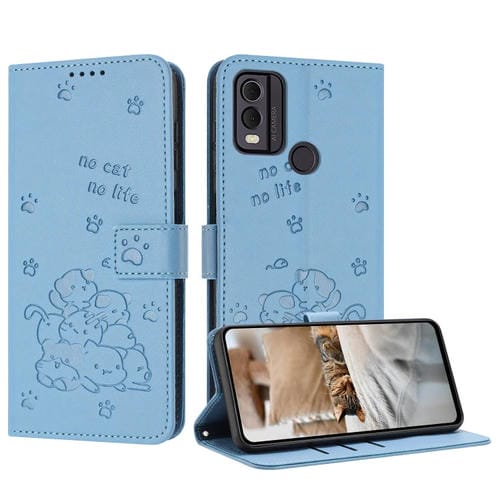 Funda de Cuero para Nokia C22 con Diseño de Gatito en Relieve y Cordón (Azul)