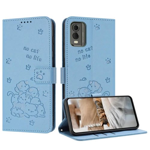 Funda de Cuero para Nokia C32 con Diseño de Gatito en Relieve y Cordón (Azul)