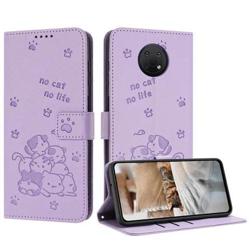Funda de Cuero para Nokia G10/G20/G300 con Diseño de Gatito en Relieve y Cordón (Morado)