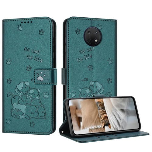 Funda de Piel para Nokia G10/G20/G300 con Diseño de Gatito en Relieve y Cordón (Verde Oscuro)