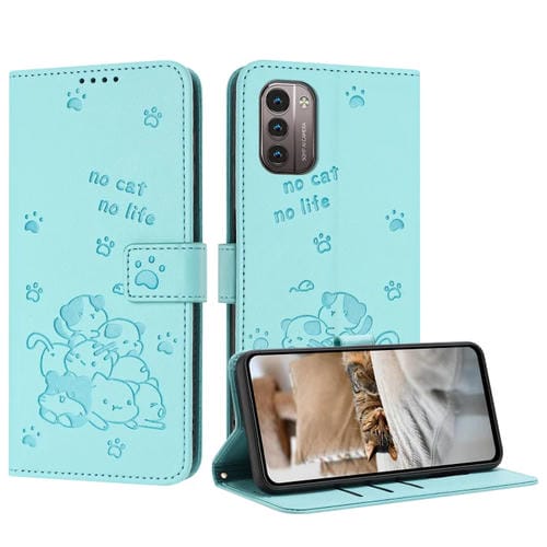 Funda de Piel para Nokia G11/G21 con Diseño de Gatito en Relieve y Cordón (Verde Menta)