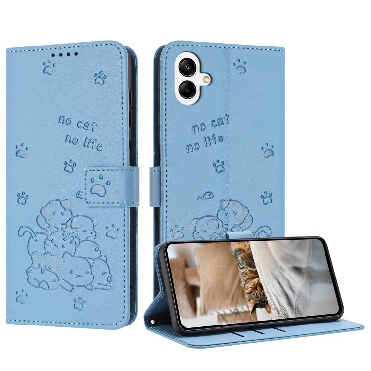 Funda de piel con diseño de gatito en relieve y cordón para Samsung Galaxy A07 4G (azul)