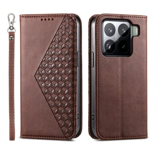 Funda De Cuero Magnético Con Textura De Becerro Y Rejilla Cúbica Para Xiaomi 15 Pro (Marrón)