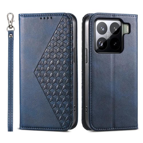 Funda De Cuero Magnética Con Textura De Becerro Y Rejilla Cúbica Para Xiaomi 15 Pro (Azul)