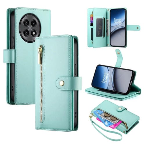 Funda de Cuero para OnePlus 13R Ace 5 Ace 5 Pro con 9 Ranuras y Cremallera (Verde Menta)