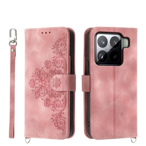 Funda De Cuero Con Relieve De Flores Y Tacto De Piel Para Xiaomi 15 (Rosa)