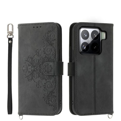 Funda De Cuero Tipo Billetera Con Relieve De Flores Y Tacto De Piel Para Xiaomi 15 (Negra)