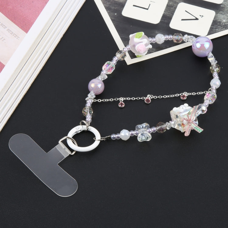 Cordón corto con cadena de cuentas y diseño de flores antipérdida para teléfono móvil (Morado)