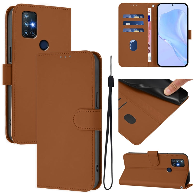 Funda de Cuero con Cordón para OnePlus Nord N10 5G con Textura de Piel (Marrón)