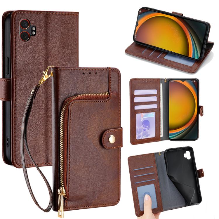 Funda de cuero con cremallera para Samsung Galaxy Xcover 7 Pro 5G (marrón)