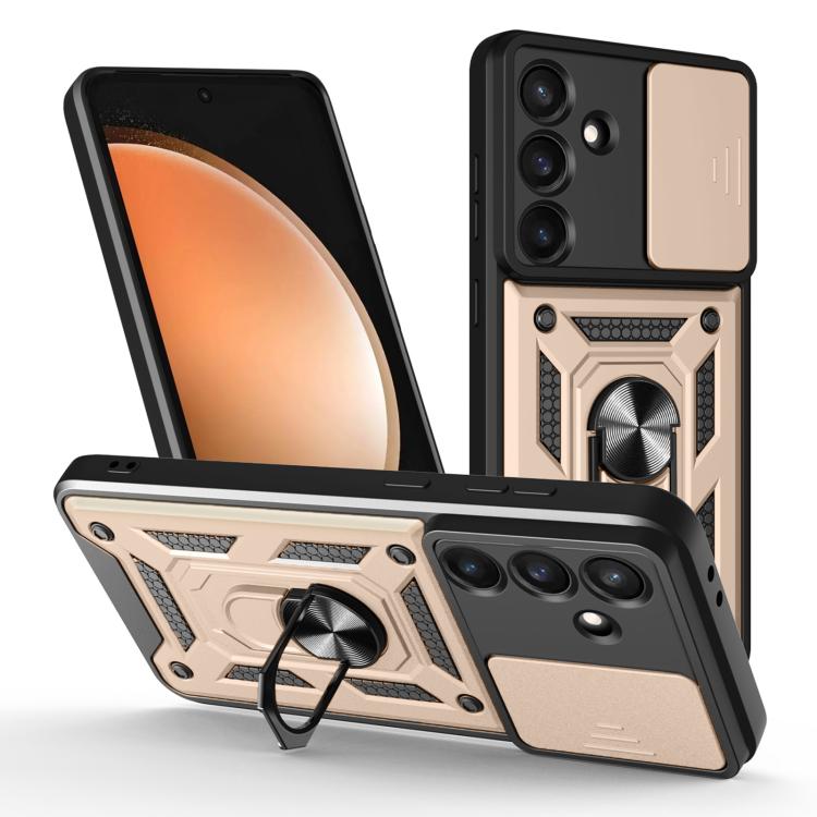 Funda de TPU y PC con diseño de cámara deslizante para Samsung Galaxy S25 FE 5G (dorada)