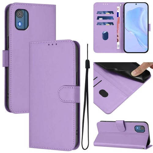 Funda de Piel con Cordón para Teléfono Nokia C02 con Tacto de Piel (Morado Lavanda)