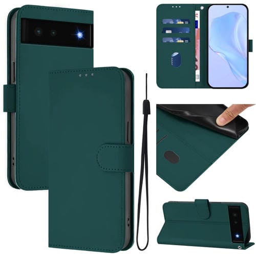 Funda de Cuero con Cordón para Google Pixel 6 (Verde Oscuro) Diseño Piel Liso Tacto Agradable