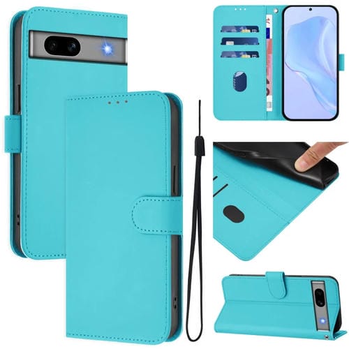 Funda de Piel para Google Pixel 7A con Cordón y Tacto Suave (Azul Lago)
