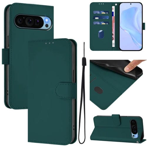 Funda de Cuero con Cordón para Google Pixel 9 y Pixel 9 Pro (Verde Oscuro)