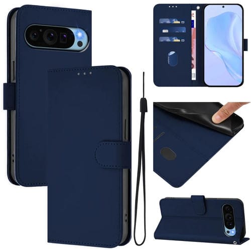 Funda de Cuero con CordĂłn para Google Pixel 9 y Pixel 9 Pro (Azul Marino)
