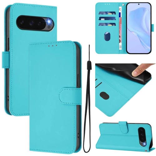Funda de Cuero con Textura de Piel y Cordón para Google Pixel 10 Pro Xl (Azul Lago)