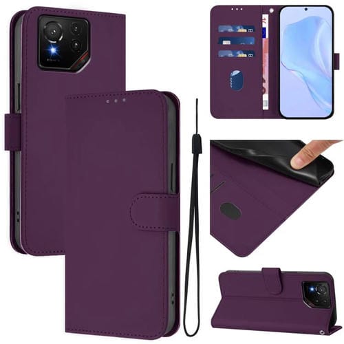 Funda de Cuero con Textura de Piel y Cordón para Asus Rog Phone 9/9 Pro (Violeta)